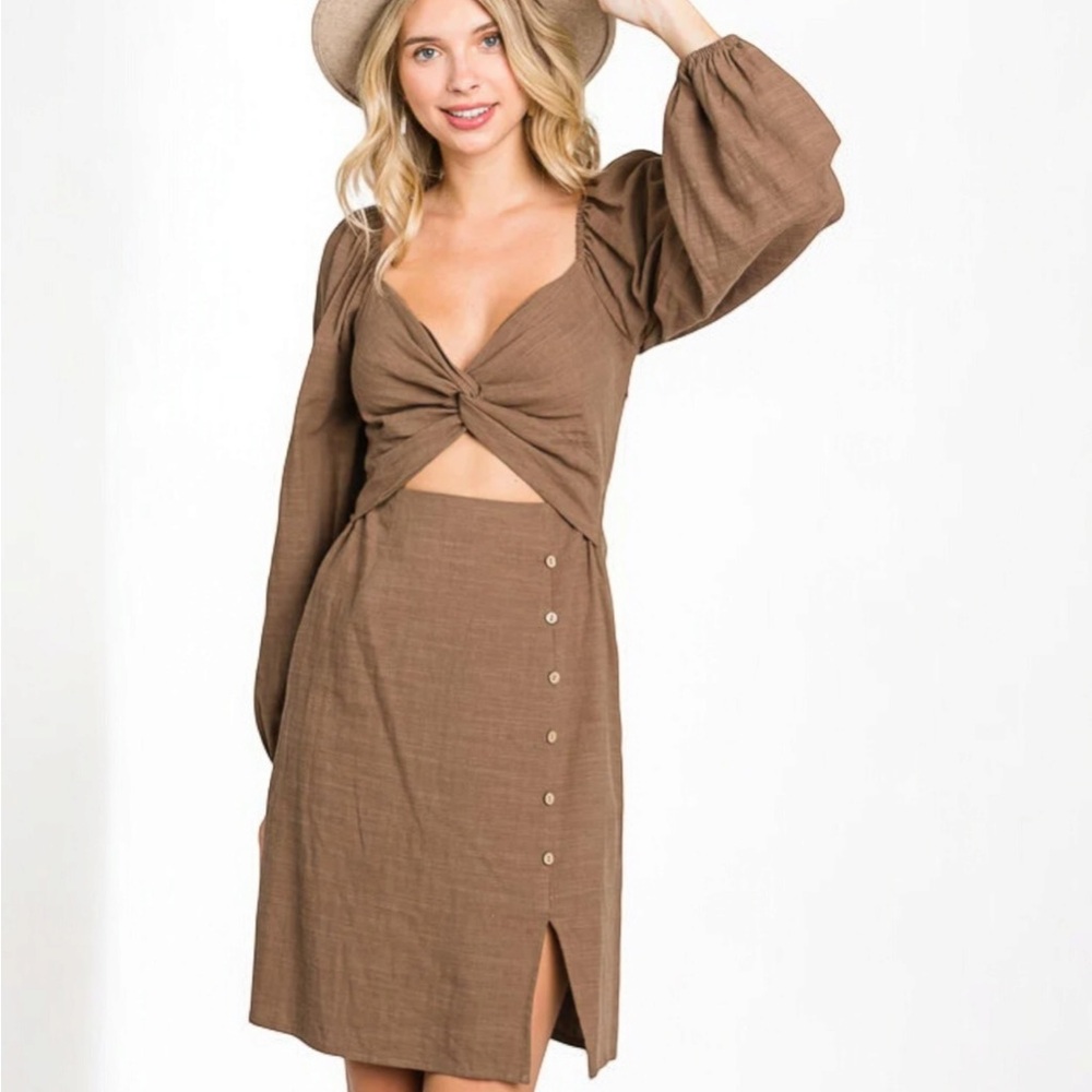 Chic Brown Twist-Front button details puff sleeves mini fun girly dress Medium
